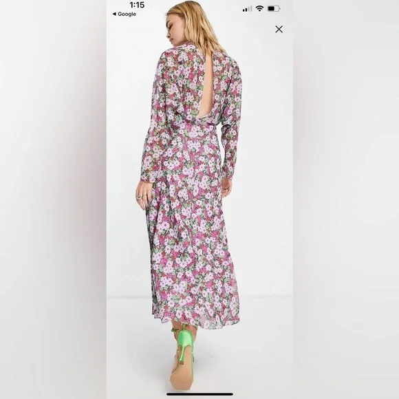 ASOS Pink and green floral deep V midi dress size 8. - Picture 2 of 16